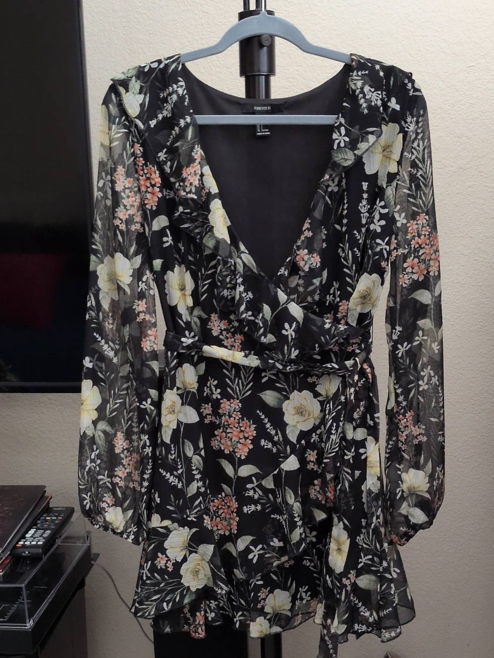 Floral Wrap Dress - Black with Cream & Pink Floral